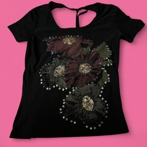 Black sequin flower print top with cutout back